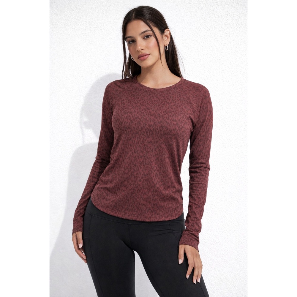 Athleta Momentum Seamless Long Sleeve Top Burgundy Leopard Print Size Small